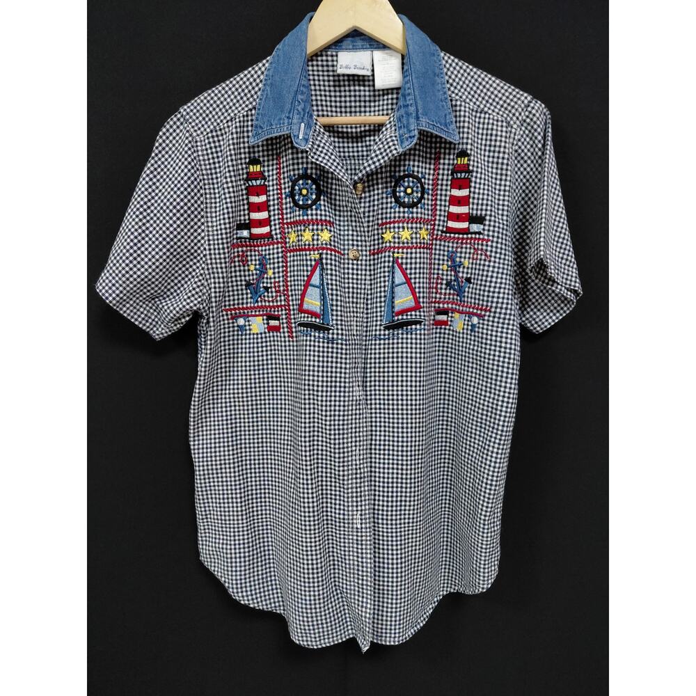 Bobbie Brooks Nautical Embroidered Shirt Blue Plaid Woven Short Sleeve Size M